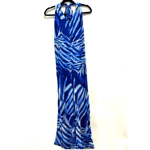 Bella Dahl Blue Palm Leaf Print Halter JumpsuitTropical Summer Beach Vacation L‎
